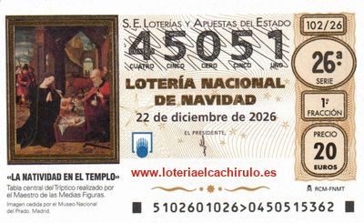 Anverso del décimo 45051 de la Lotería de Navidad 2026, de Madrid